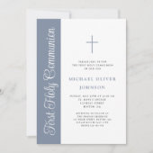 Elegante stoffige blauwe script jongen eerste comm kaart (Voorkant)