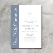 Elegante stoffige blauwe script jongen eerste comm kaart