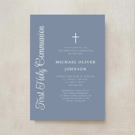Elegante stoffige blauwe script jongen eerste comm kaart