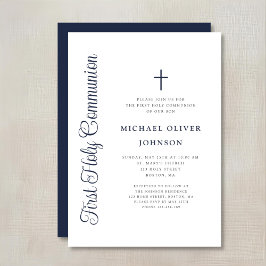 Elegante stoffige blauwe script jongen eerste comm kaart