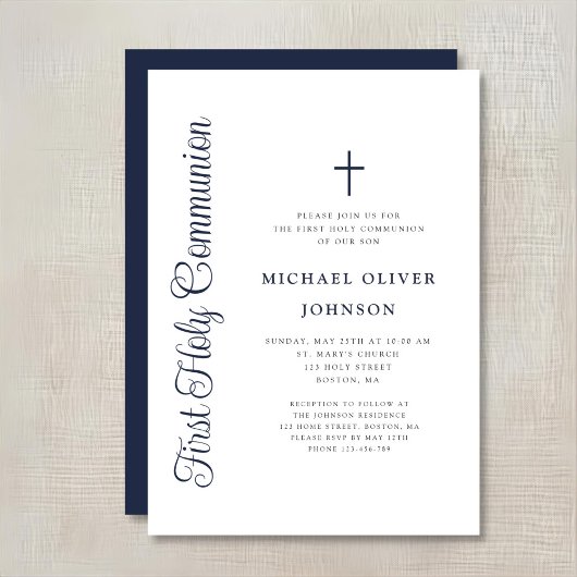 Elegante stoffige blauwe script jongen eerste comm kaart