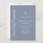 Elegante stoffige blauwe script jongen eerste comm kaart (Voorkant)