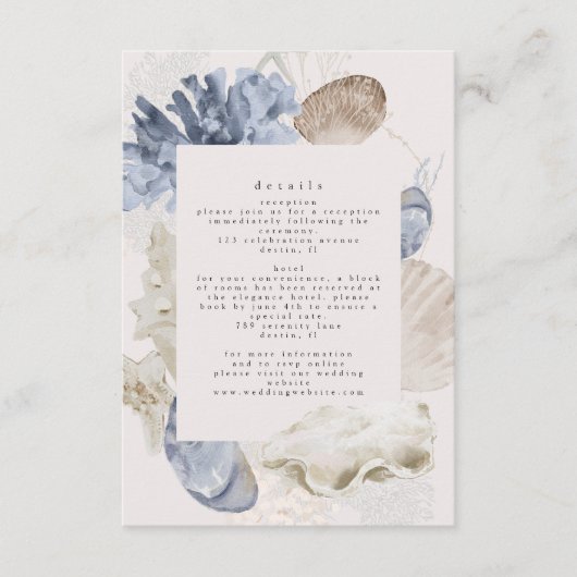 Elegante stoffige blauwe strand bruiloft details informatiekaartje (Voorkant)