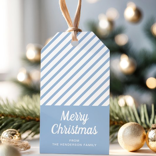 Elegante stoffige blauwe strepen kerst cadeaulabel