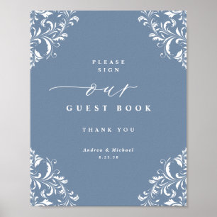 Elegante stoffige blauwe trouw gast boek bord poster