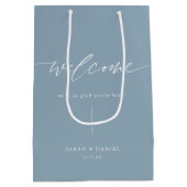 Elegante stoffige blauwe trouwcadeautaszakken medium cadeauzakje (Achterkant)