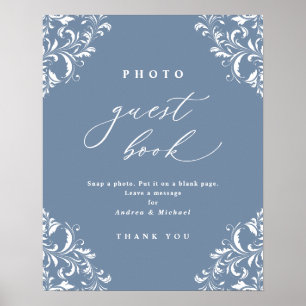 Elegante stoffige blauwe trouwfoto gast boek bord poster