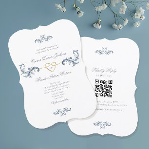 Elegante stoffige blauwe trouwuitnodiging met QR-c Kaart