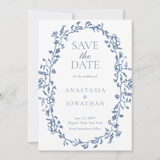 Elegante stoffige blauwe Victoriaans bloemenbruilo Save The Date (Voorkant)