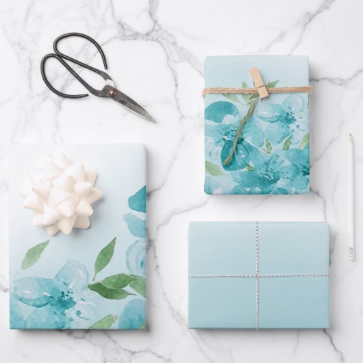 Elegante stoffige blauwe Waterverf bloemen Inpakpapier Vel (Voorkant)
