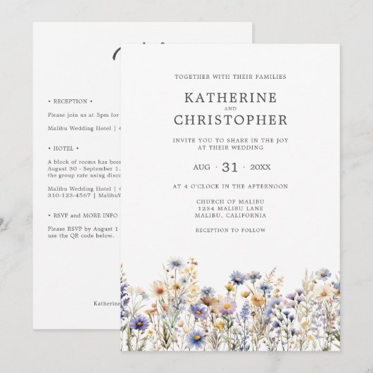 Elegante stoffige blauwe wilde bloemen budget brui kaart (Voorkant / Achterkant)