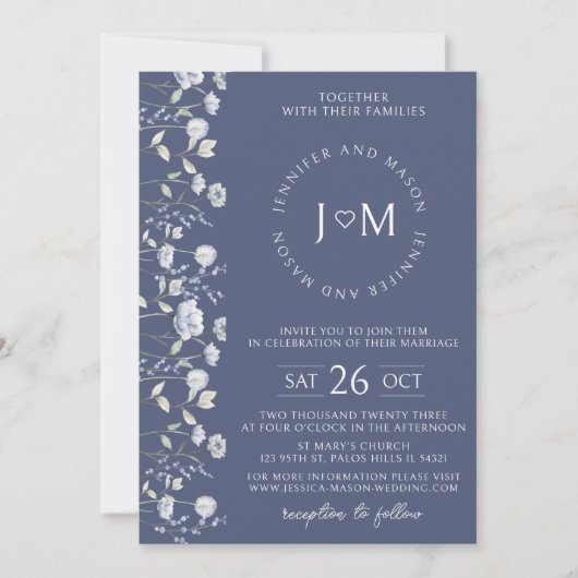 Elegante stoffige blauwe wildflower bruiloft uitno kaart (Voorkant)
