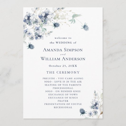 Elegante stoffige blauwe winter huwelijksceremonie programmakaart (Voorkant)