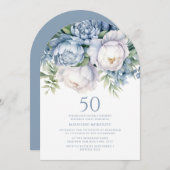 Elegante stoffige blauwe witte bloem 50e verjaarda kaart (Voorkant / Achterkant)