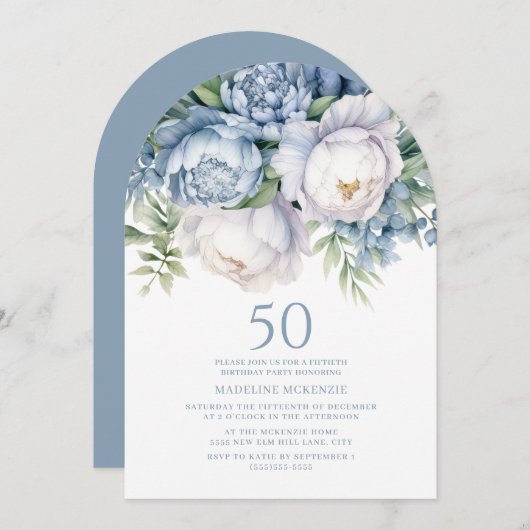 Elegante stoffige blauwe witte bloem 50e verjaarda kaart (Voorkant / Achterkant)