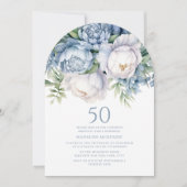 Elegante stoffige blauwe witte bloem 50e verjaarda kaart (Voorkant)