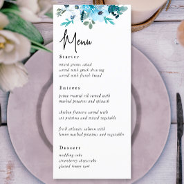 Elegante stoffige blauwe witte bloemen bruiloft me menu