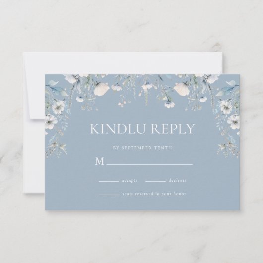 Elegante stoffige blauwe witte bloemen bruiloft RSVP kaartje (Voorkant)