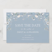 Elegante stoffige blauwe witte bloemen foto bruilo save the date (Voorkant)