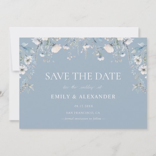 Elegante stoffige blauwe witte bloemen foto bruilo save the date (Voorkant)