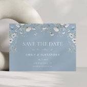 Elegante stoffige blauwe witte bloemen foto bruilo save the date