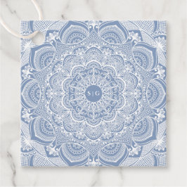 Elegante stoffige blauwe witte kanten mandala klas bedankjes labels