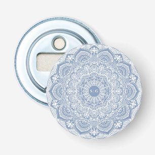 Elegante stoffige blauwe witte kanten mandala klas button flesopener