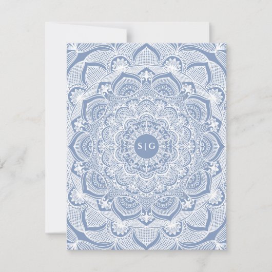 Elegante stoffige blauwe witte kanten mandala klas kaart (Voorkant)