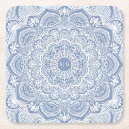 Elegante stoffige blauwe witte kanten mandala klas kartonnen onderzetters
