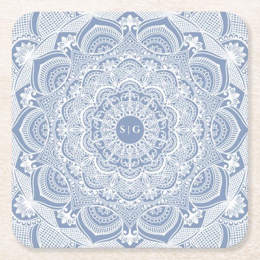Elegante stoffige blauwe witte kanten mandala klas kartonnen onderzetters (Voorkant)
