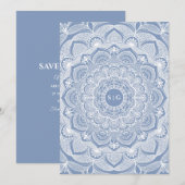 Elegante stoffige blauwe witte kanten mandala klas save the date (Voorkant / Achterkant)