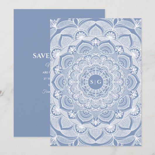 Elegante stoffige blauwe witte kanten mandala klas save the date (Voorkant / Achterkant)