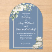 Elegante stoffige blauwe witte rozen bruiloft acryl uitnodigingen (Voorkant)