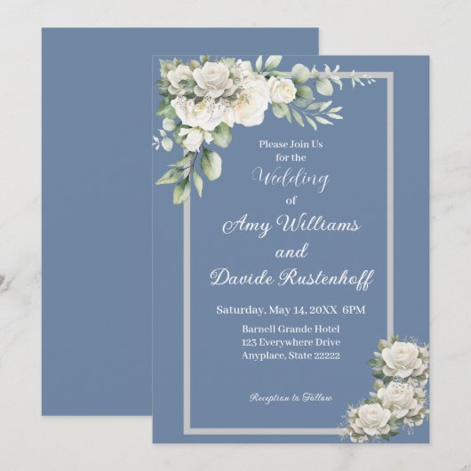 Elegante stoffige blauwe witte rozen bruiloft uitn kaart (Voorkant / Achterkant)