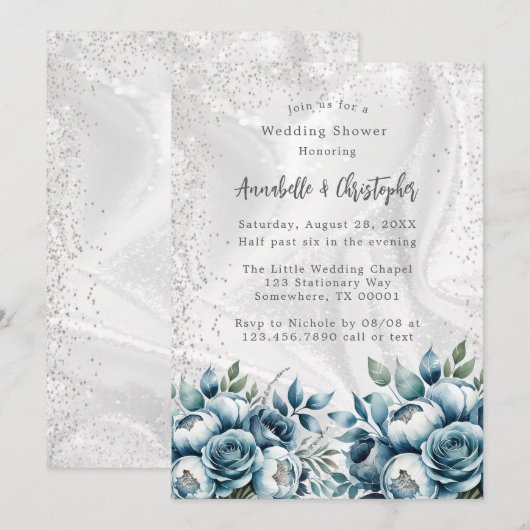 Elegante stoffige blauwe zilveren boeket bruiloft kaart (Voorkant / Achterkant)