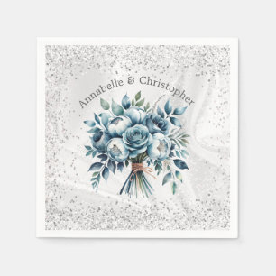 Elegante stoffige blauwe zilveren boeket bruiloft servet