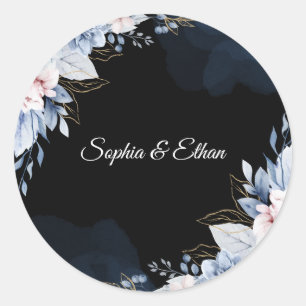 Elegante stoffige blauwe zwarte trouwsticker ronde sticker