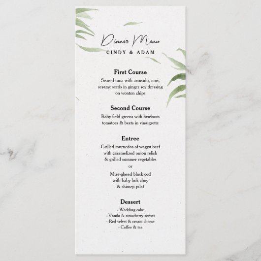 Elegante stoffige groen gebladerte bruiloft menu (Voorkant)