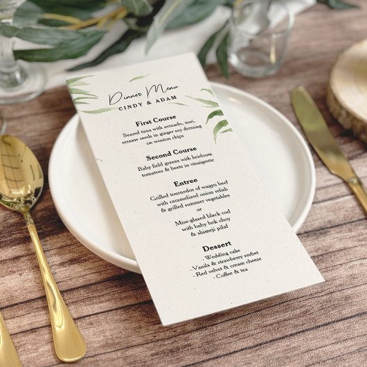 Elegante stoffige groen gebladerte bruiloft menu