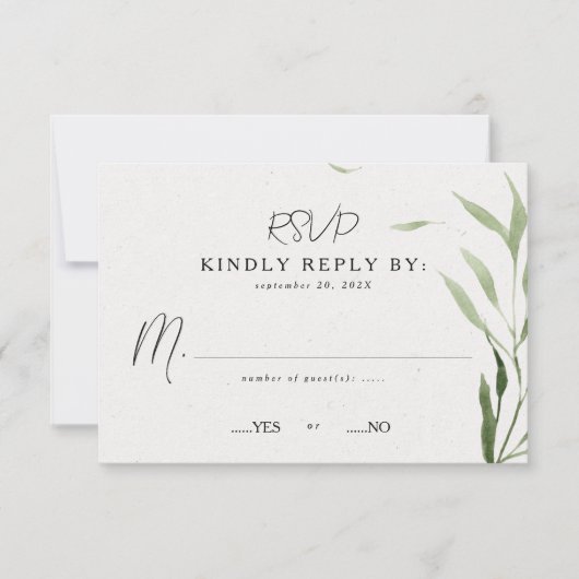 Elegante stoffige groen gebladerte bruiloft RSVP kaartje (Voorkant)