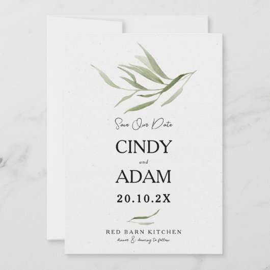 Elegante stoffige groen gebladerte bruiloft save the date (Voorkant)