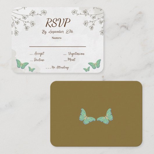 Elegante stoffige groene aquarel & mini bloem-RSVP Informatiekaartje (Voorkant / Achterkant)