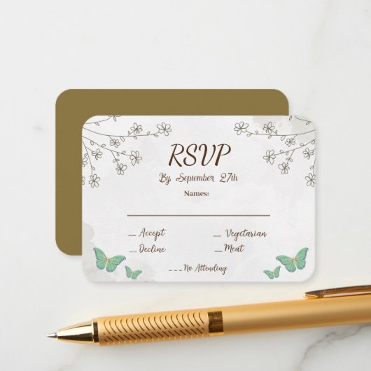 Elegante stoffige groene aquarel & mini bloem-RSVP Informatiekaartje (Voorkant / Achterkant in situ)