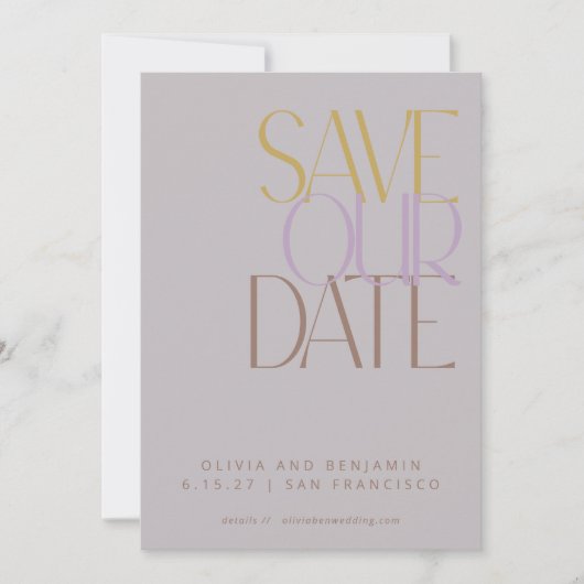 Elegante stoffige lila mid century moderne typogra save the date (Voorkant)