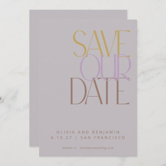 Elegante stoffige lila mid century moderne typogra save the date (Voorkant / Achterkant)