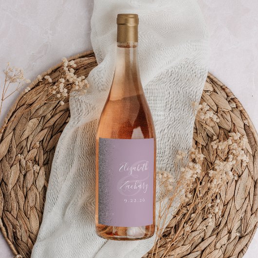 Elegante stoffige Lila zilveren glitter bruiloft Wijn Etiket