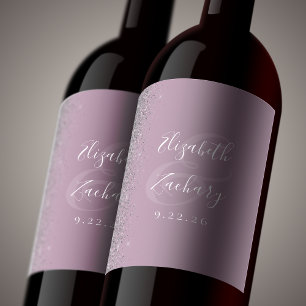 Elegante stoffige Lila zilveren glitter bruiloft Wijn Etiket