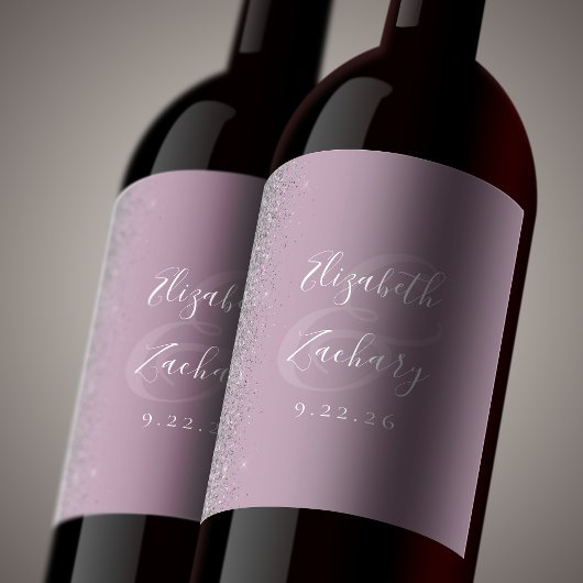 Elegante stoffige Lila zilveren glitter bruiloft Wijn Etiket