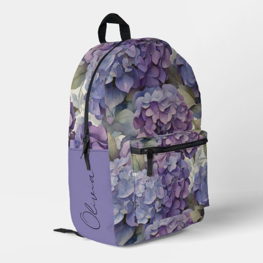 Elegante stoffige paarse blauwe waterverf hortensi bedrukte rugzak (Achterkant Hoek Links)
