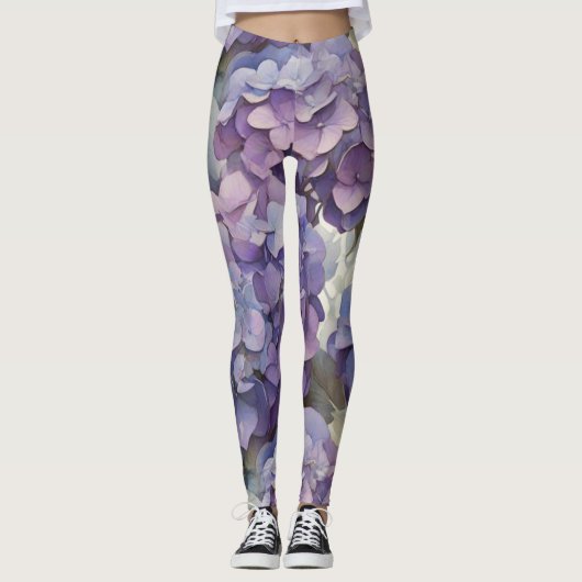 Elegante stoffige paarse blauwe waterverf hortensi leggings (Voorkant)
